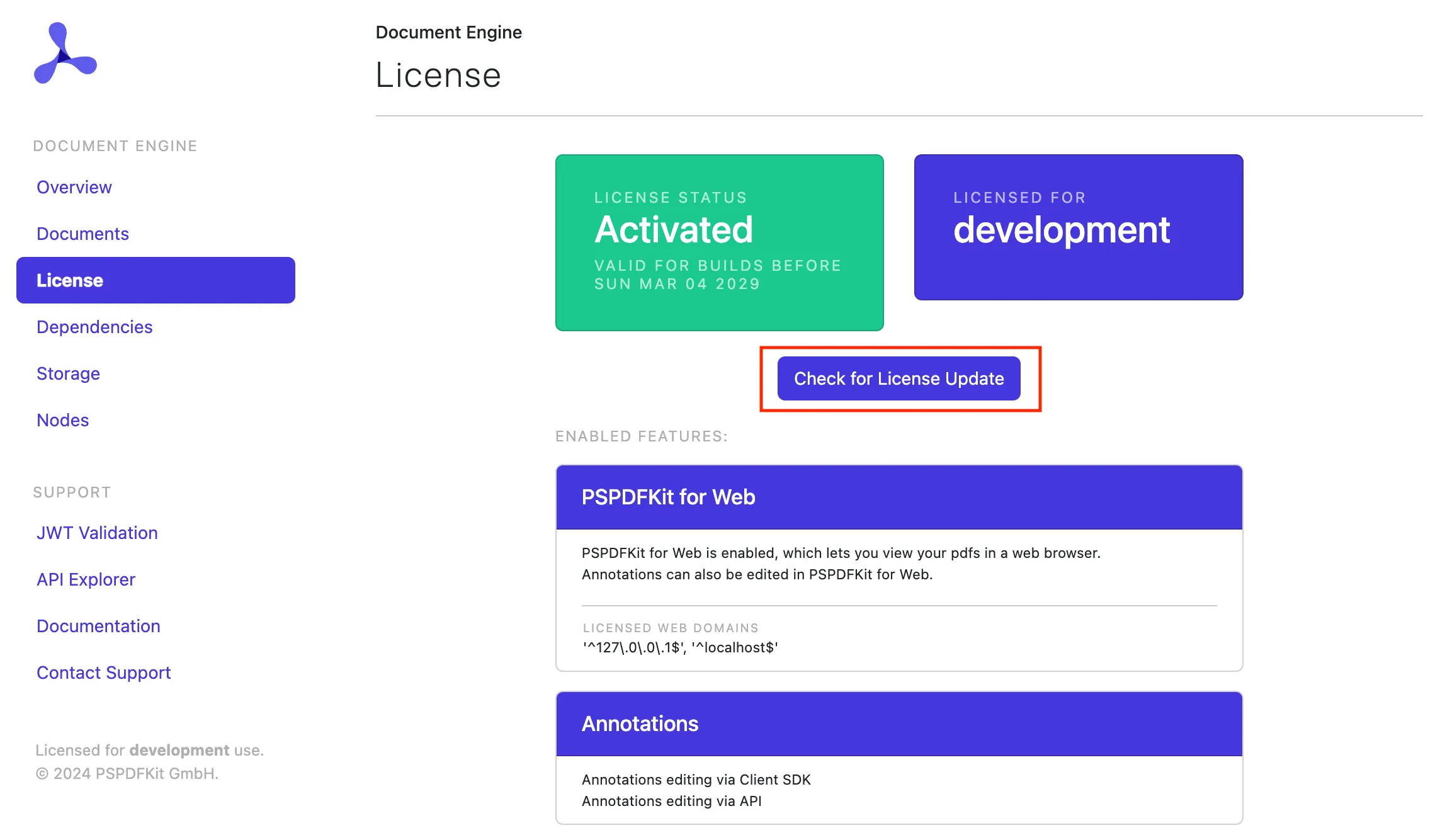 Document Engine dashboard license page