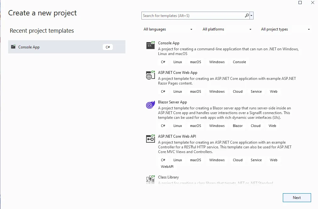 Image showing a menu in Visual Studio that lets user choose a template