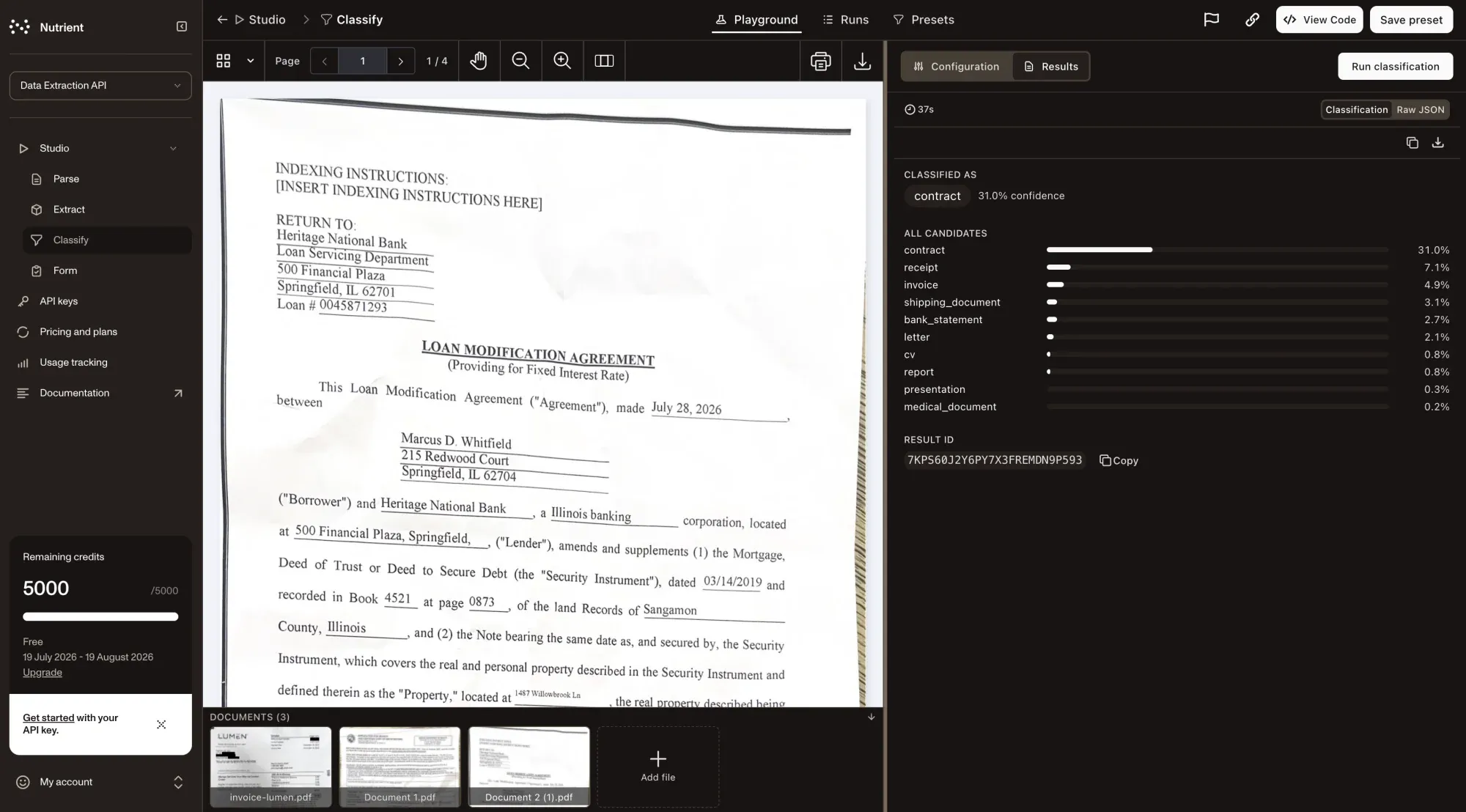Nutrient Data Extraction API Studio showing a scanned loan modification agreement classified as contract at 31 percent confidence, with a ranked list of other candidate labels and their independent confidence scores.