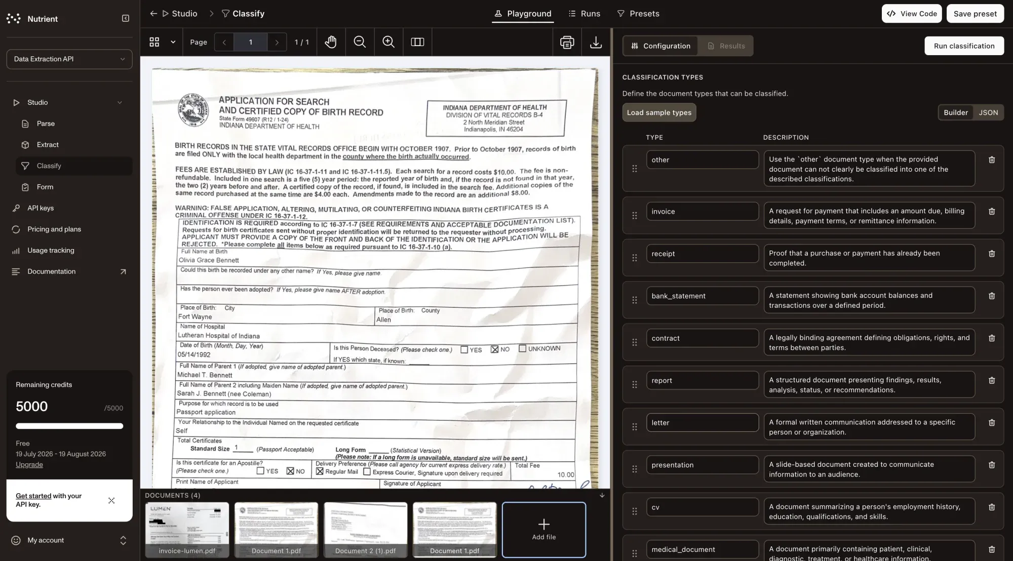 Nutrient Data Extraction API Studio’s Classify configuration panel, listing candidate document types with descriptions such as invoice, receipt, bank_statement, and contract.
