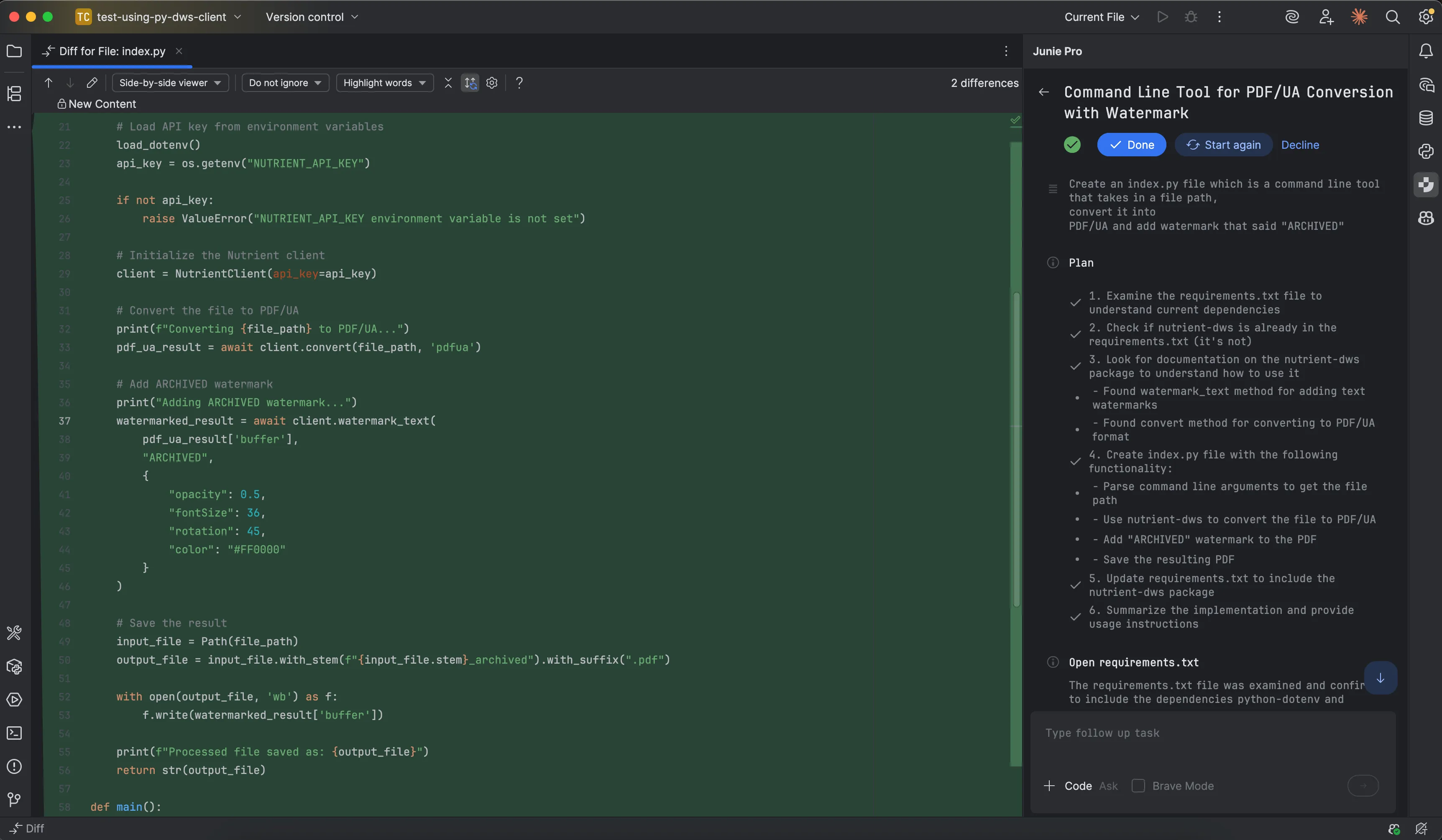 Junie generating code using the SDK after installing documentation rules