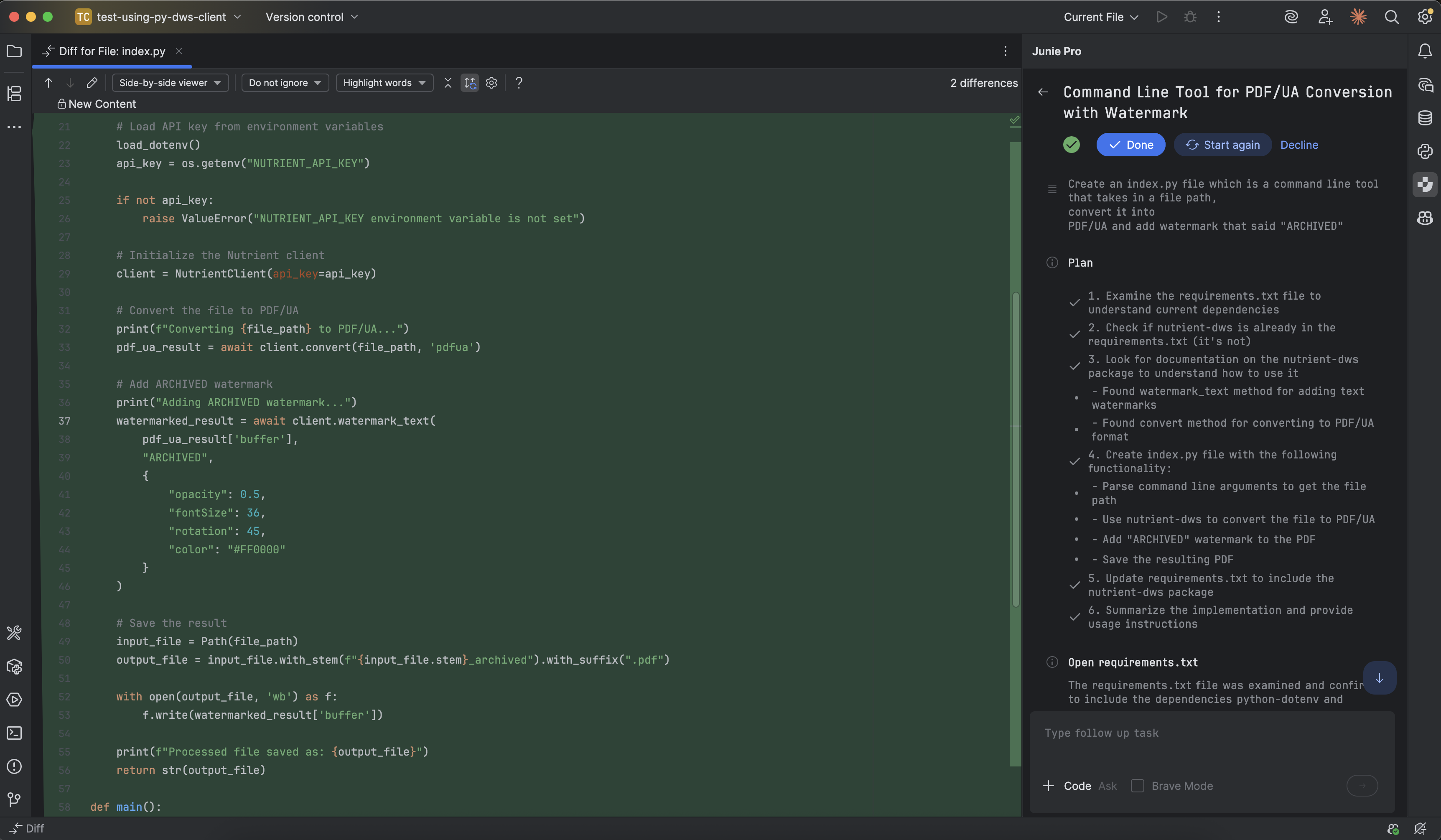 Junie generating code using the SDK after installing documentation rules