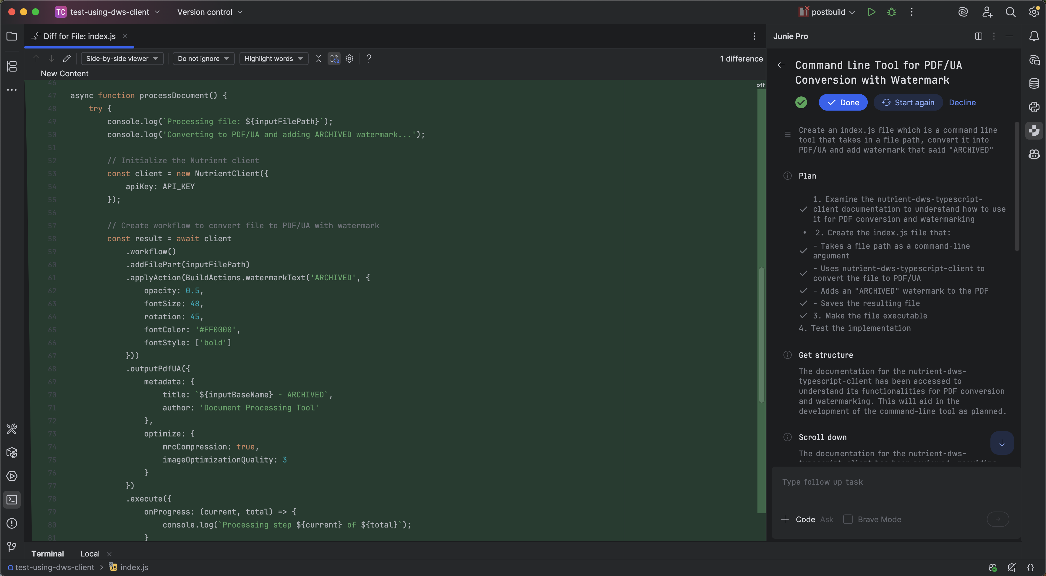 Junie generating code using the SDK after installing documentation rules