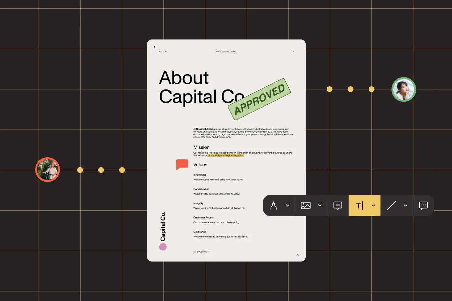 Illustration of multiple people collaborating on a document by adding annotations