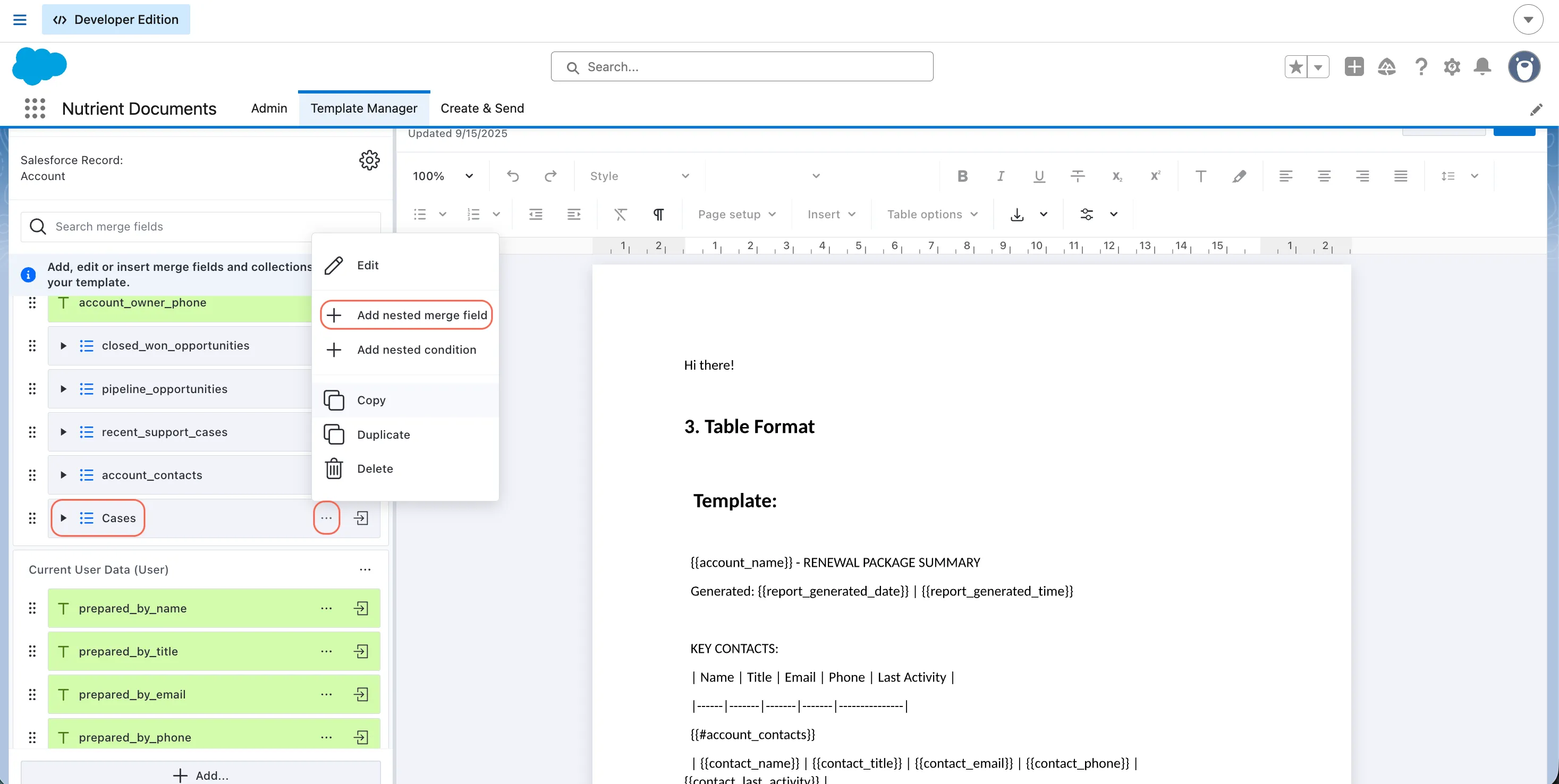 Collection menu in Template Manager showing the option to add merge fields inside a collection