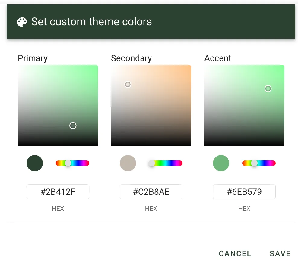 Color swatch picker with options to apply the selected color to Primary, Secondary, or Accent