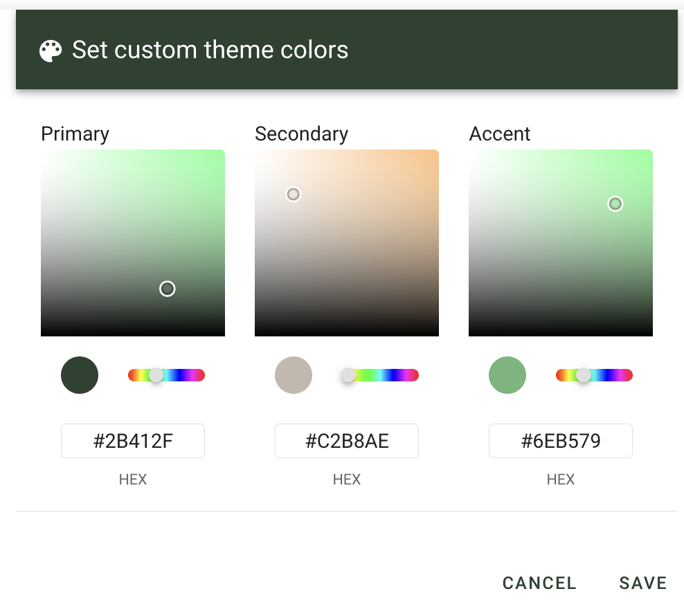 Color swatch picker with options to apply the selected color to Primary, Secondary, or Accent