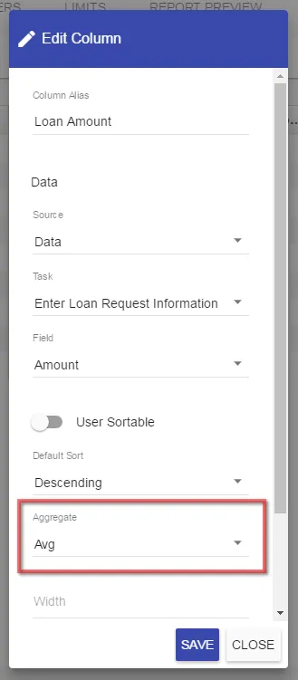 Aggregate field selection showing available aggregate functions for a column