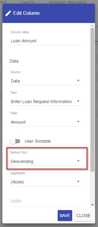 Column sort direction option set to ascend or descend