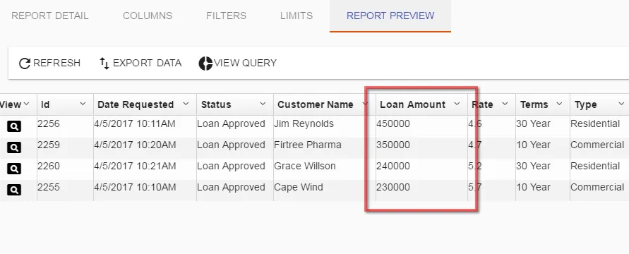 Report sorted descending by the Amount column