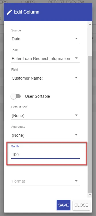Column width field with a value entered