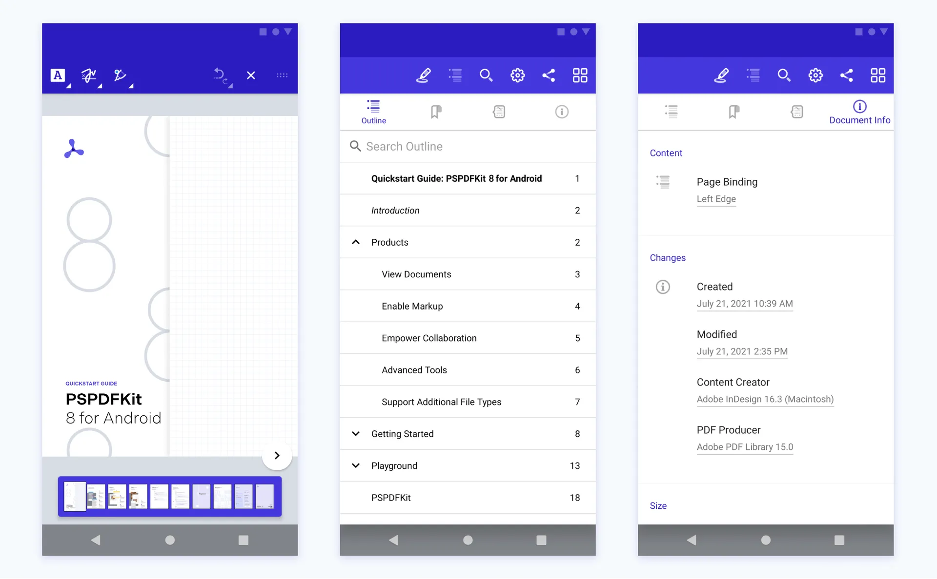 three mobile screenshots in a row: the first shows the title PSPDFKit 8 for Android on a light background with circle elements; the second and third show lists of features and functions under title bars with iconography showing different choices