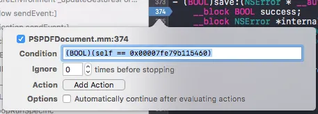 A conditional breakpoint A conditional breakpoint that only triggers if the object it is in is the one we are looking for.