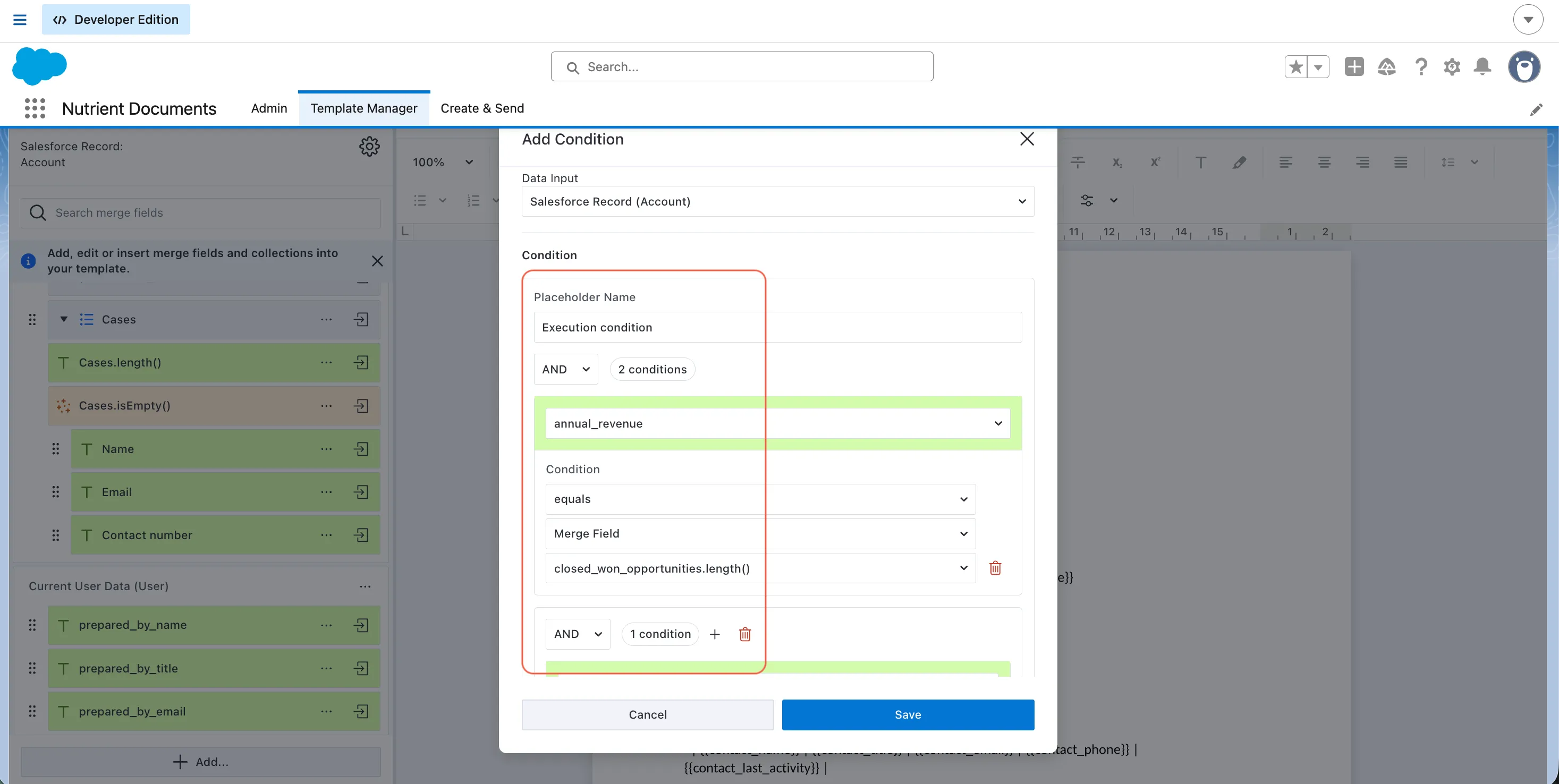 Condition builder in Template Manager showing comparison rules and grouped logic