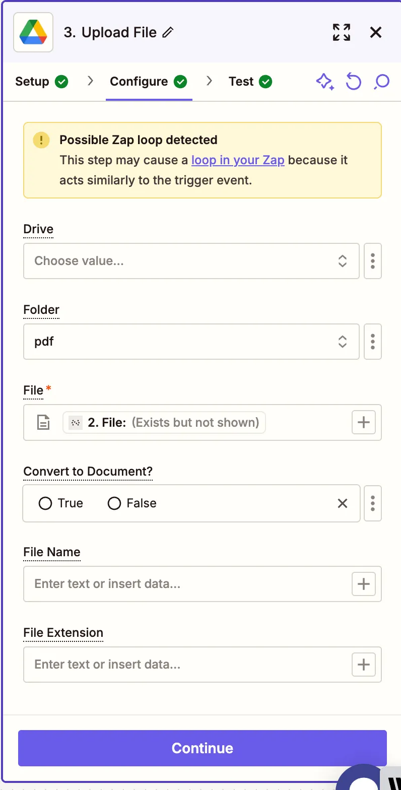Configure the upload destination and file details