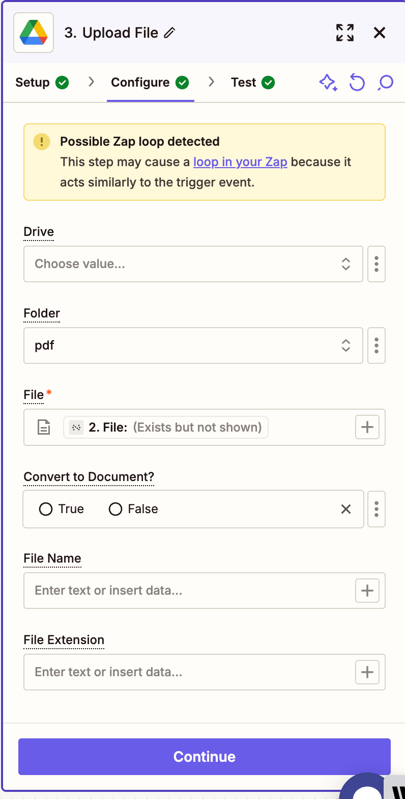 Configure the upload destination and file details