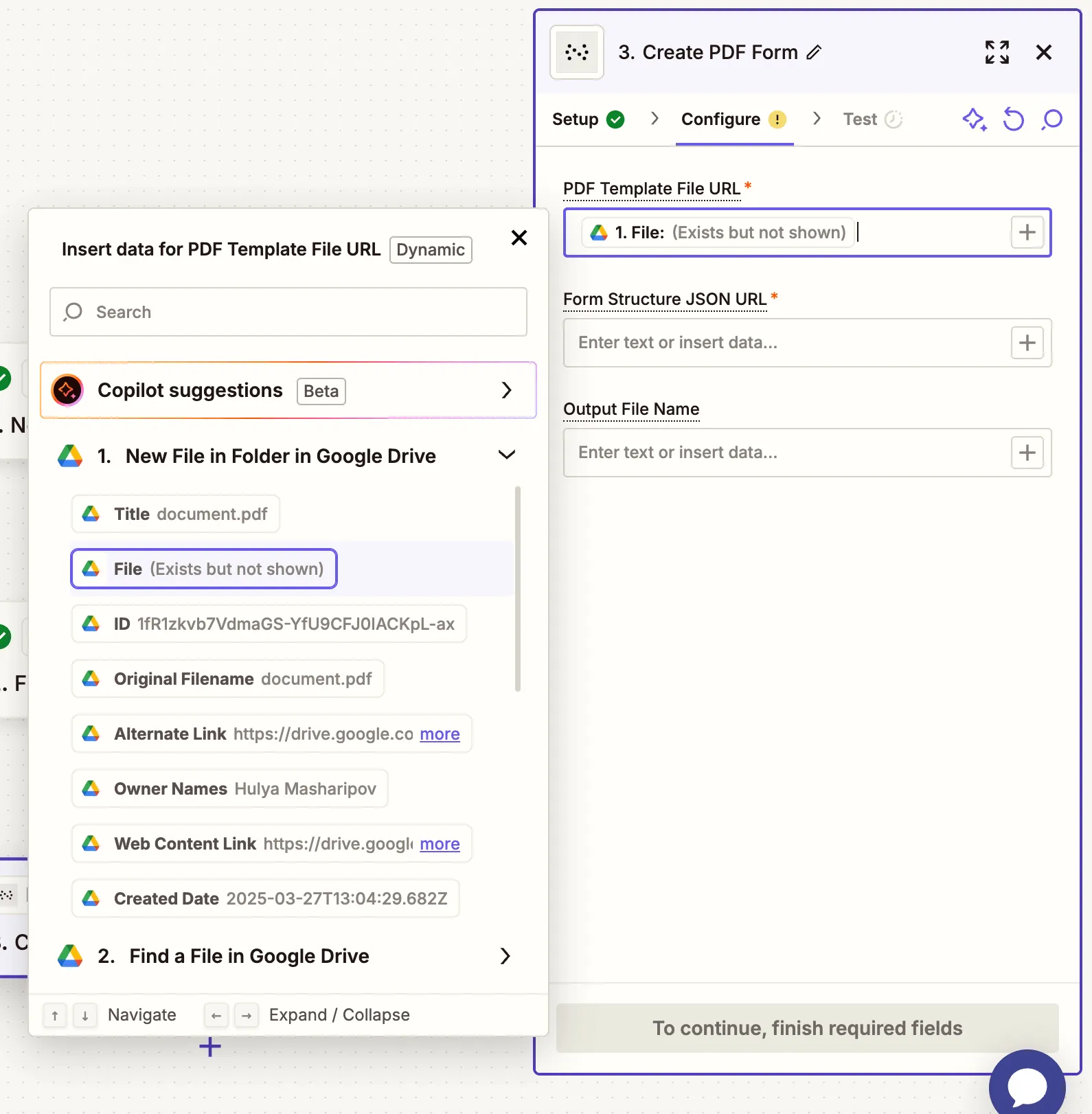 Form creation step configured with PDF and JSON file URLs