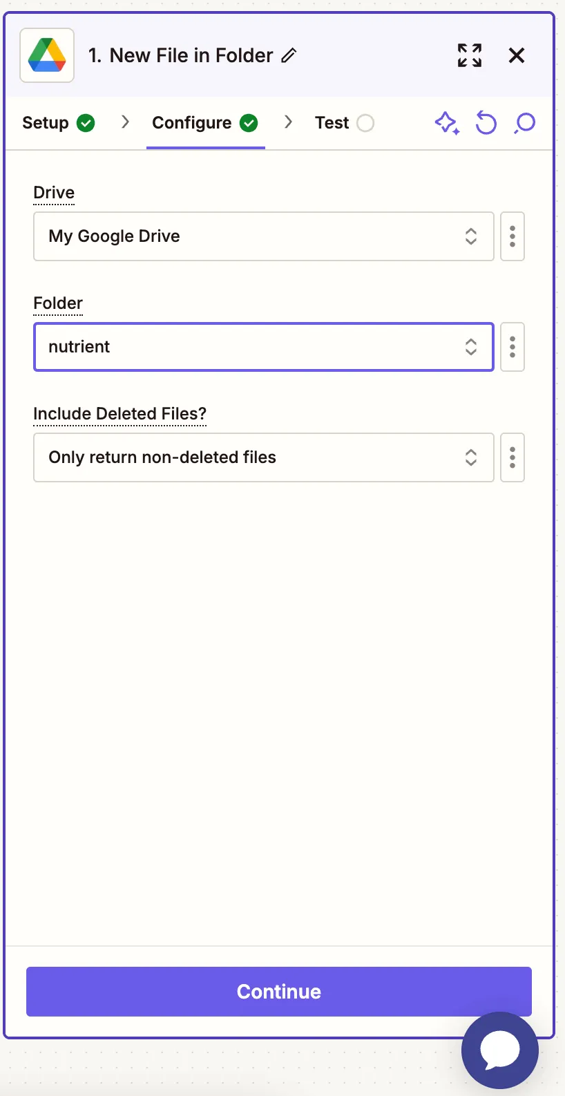 Google Drive folder selected as the input folder
