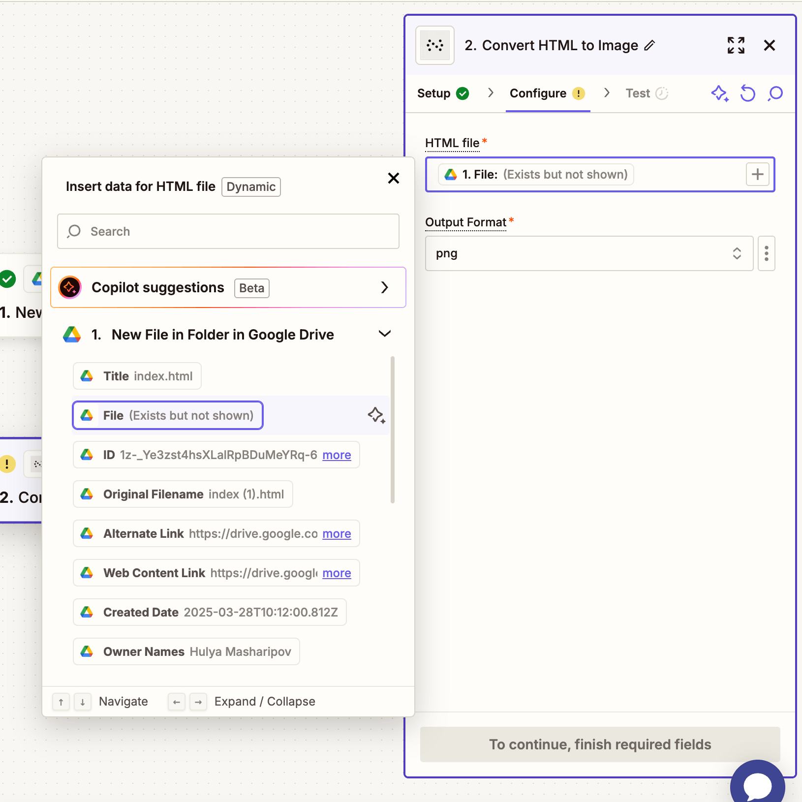 HTML to Image configuration showing input fields