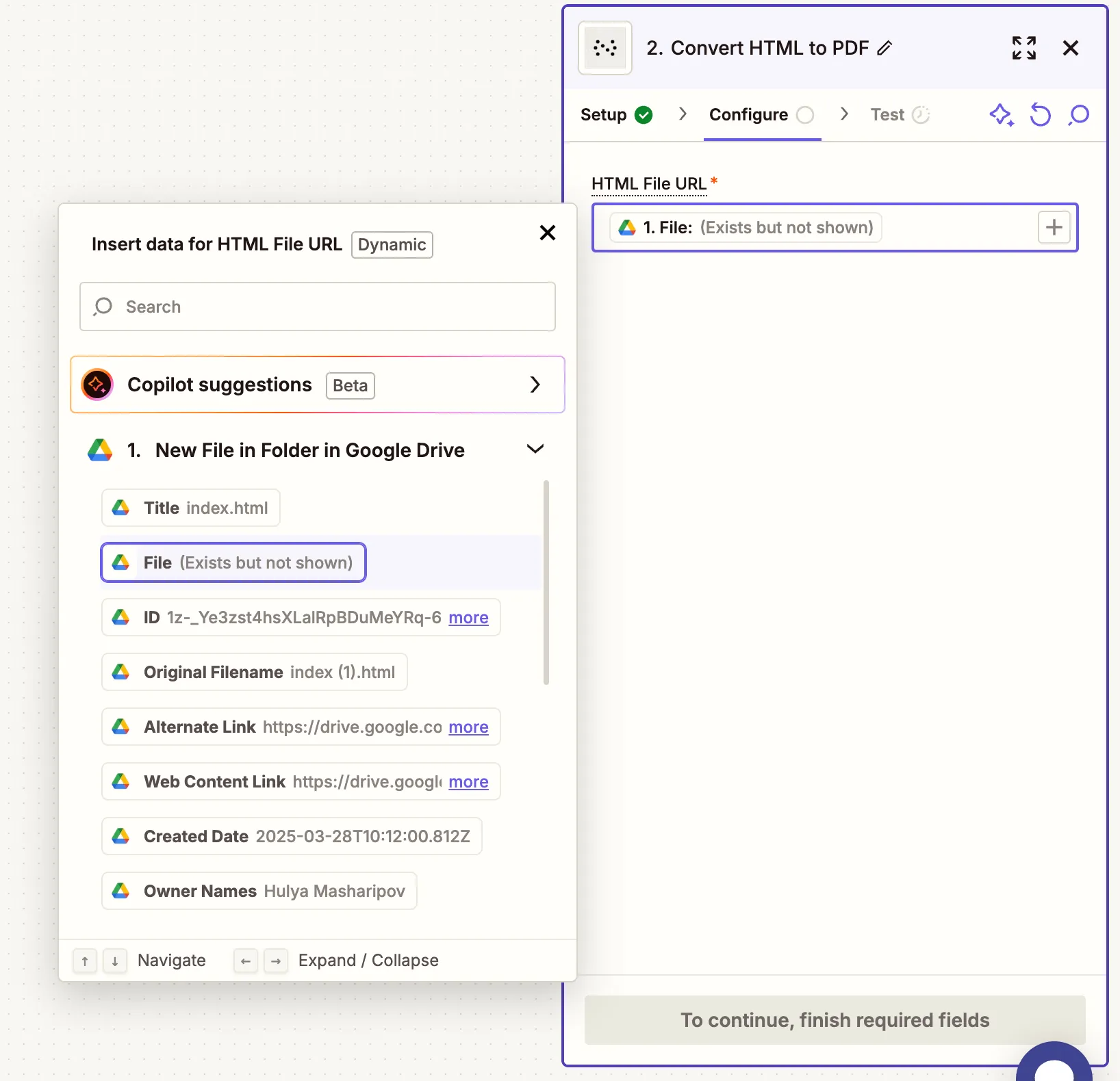 Form input showing mapped HTML file URL and optional output file name