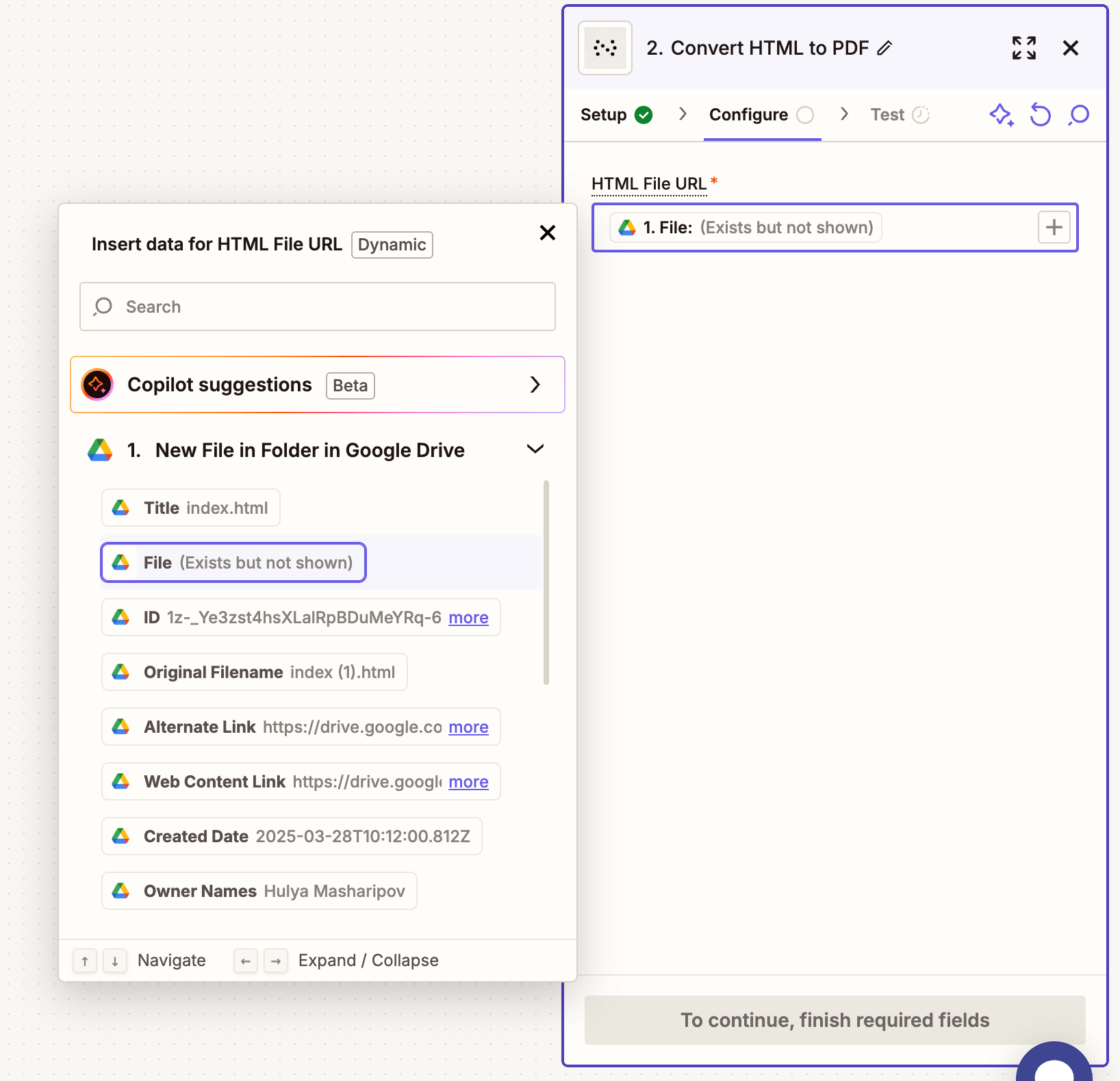 Form input showing mapped HTML file URL and optional output file name