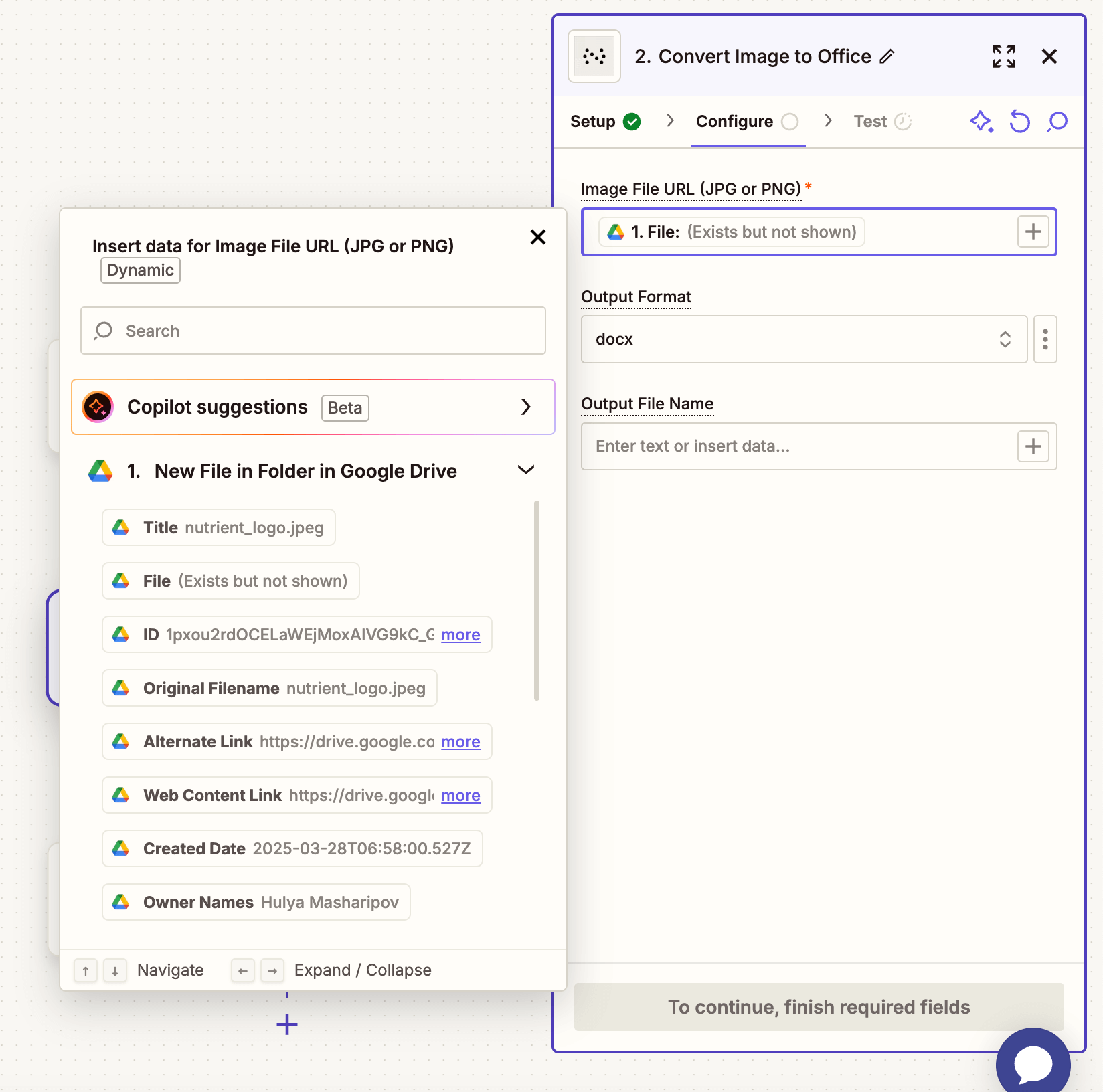 Configuration showing image URL, output format, and optional file name