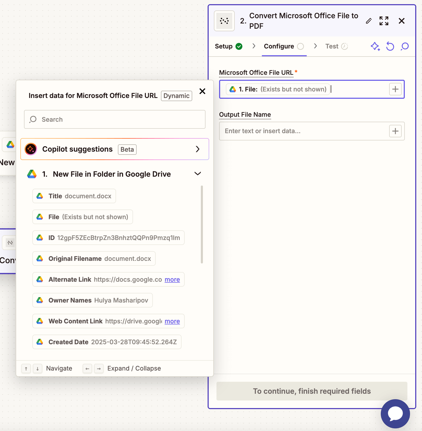Configure the file URL and output file name for Office to PDF conversion