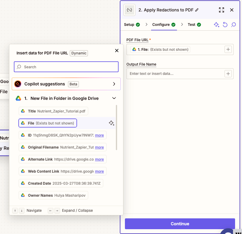 Map the PDF file URL and output file name for the redaction step