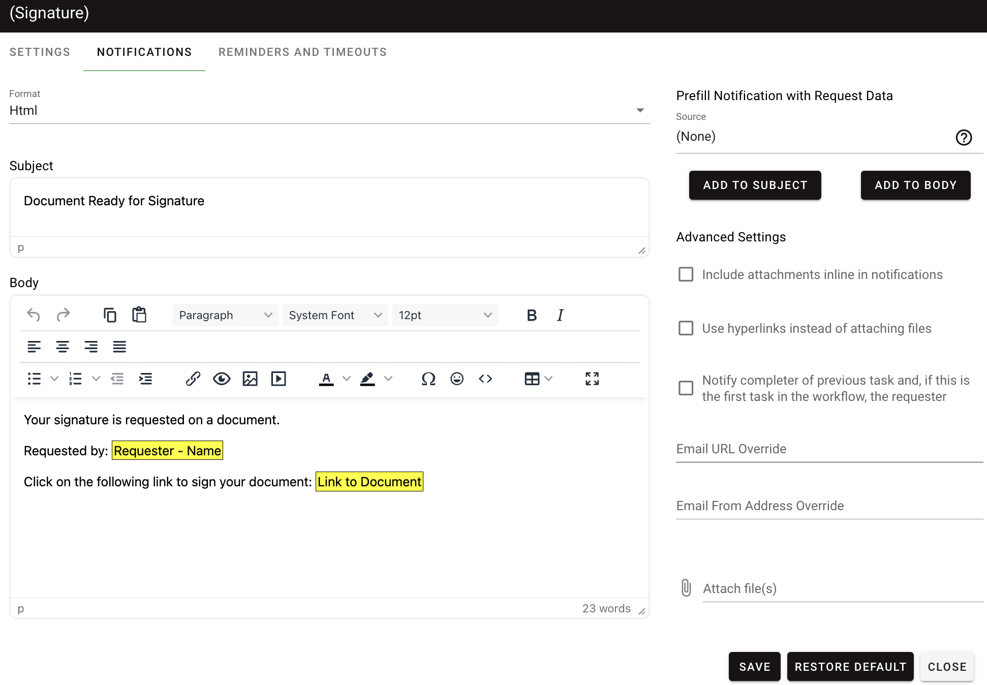 Configure signing notification