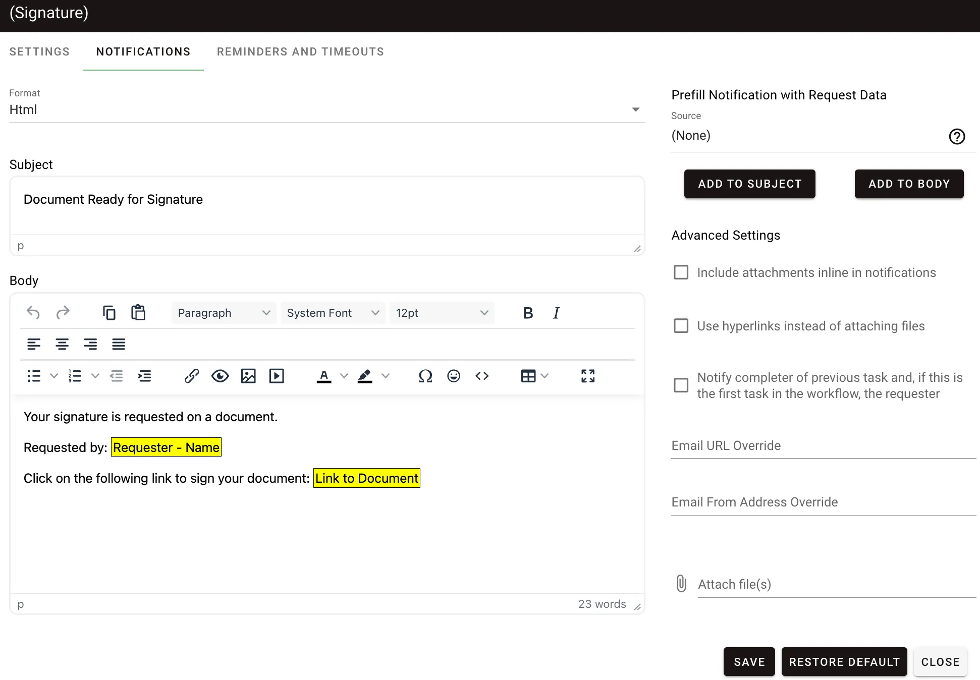 Configure signing notification