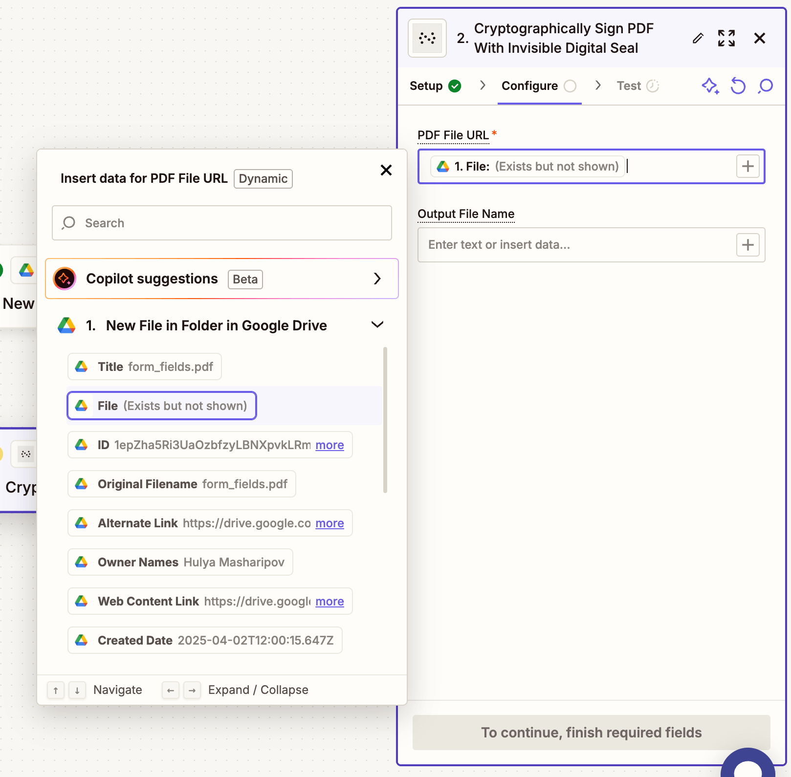 Form showing the PDF file URL and output filename for signing