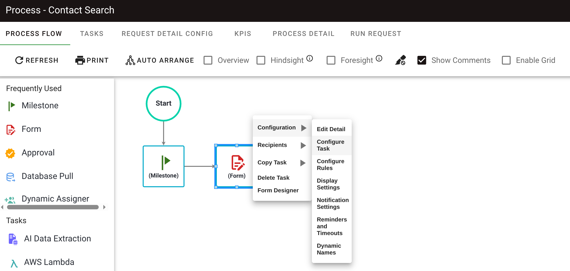 Configuration menu with Configure Task option