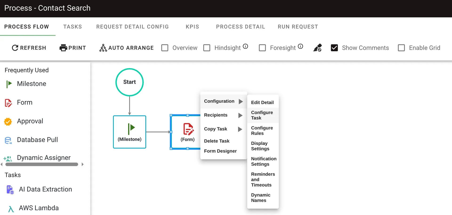 Configuration menu with Configure Task option