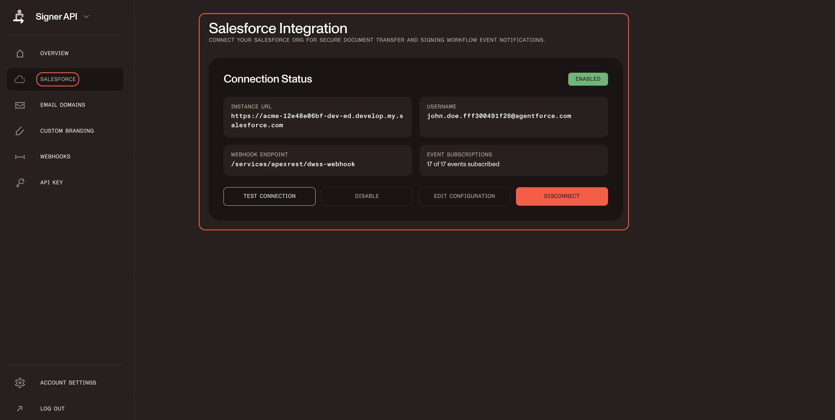 DWS Signer dashboard showing Salesforce integration configuration in the left navigation