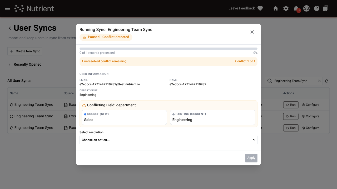 Conflict resolution screen showing source and destination values side by side
