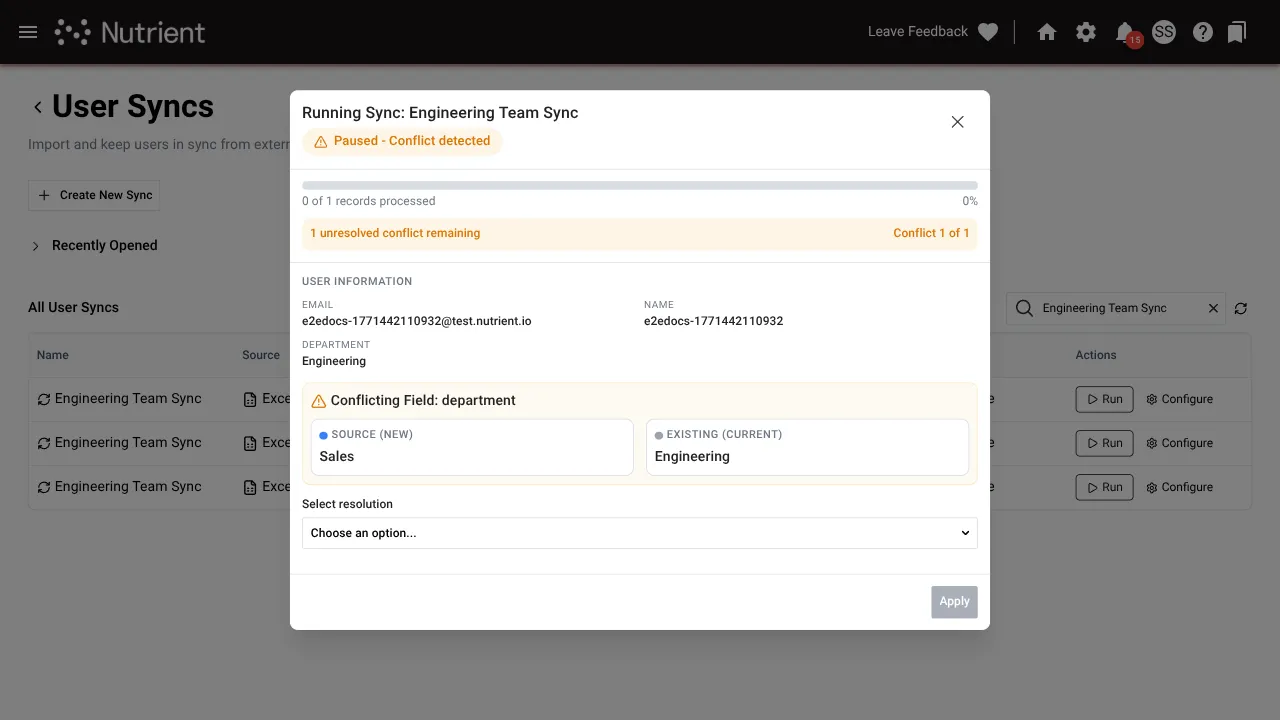 Conflict resolution screen showing source and destination values side by side