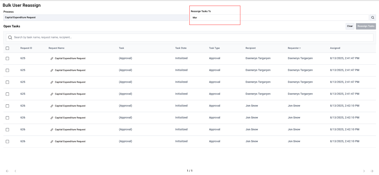 Contact search field with search terms entered to find users eligible for task reassignment