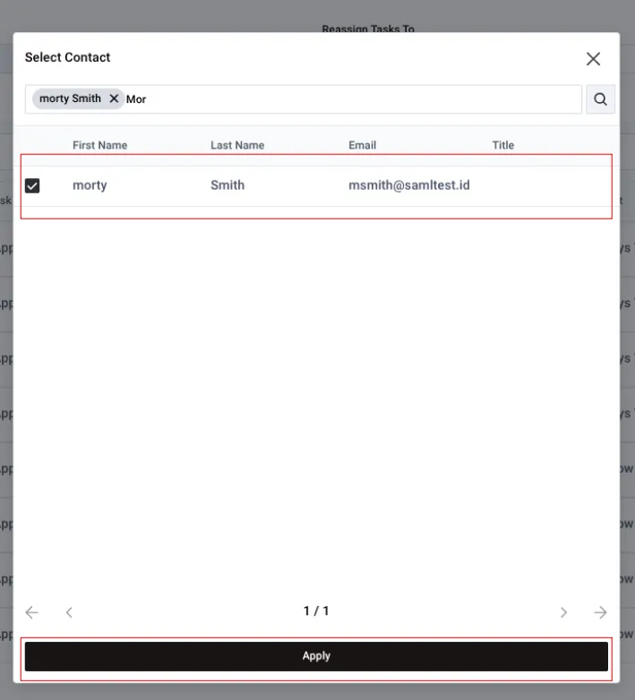 Contact search results displaying selected user highlighted for task reassignment