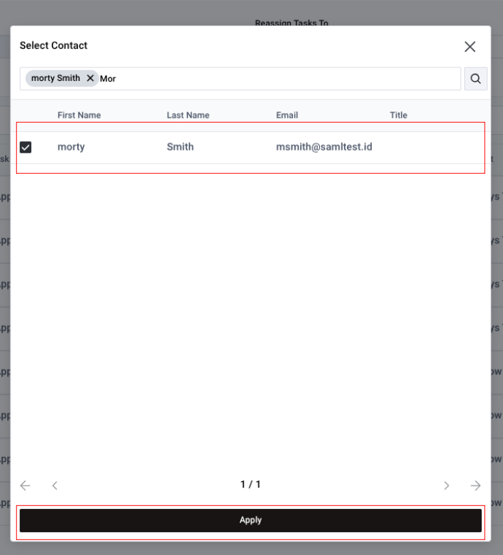 Contact search results displaying selected user highlighted for task reassignment