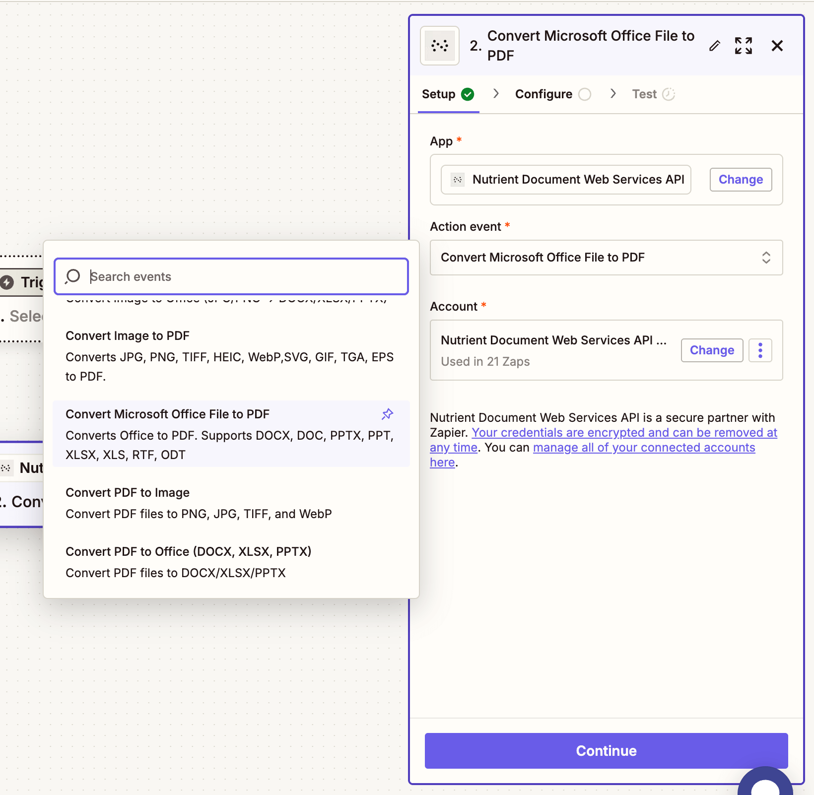 Choose 'Convert Microsoft Office File to PDF' as the action event