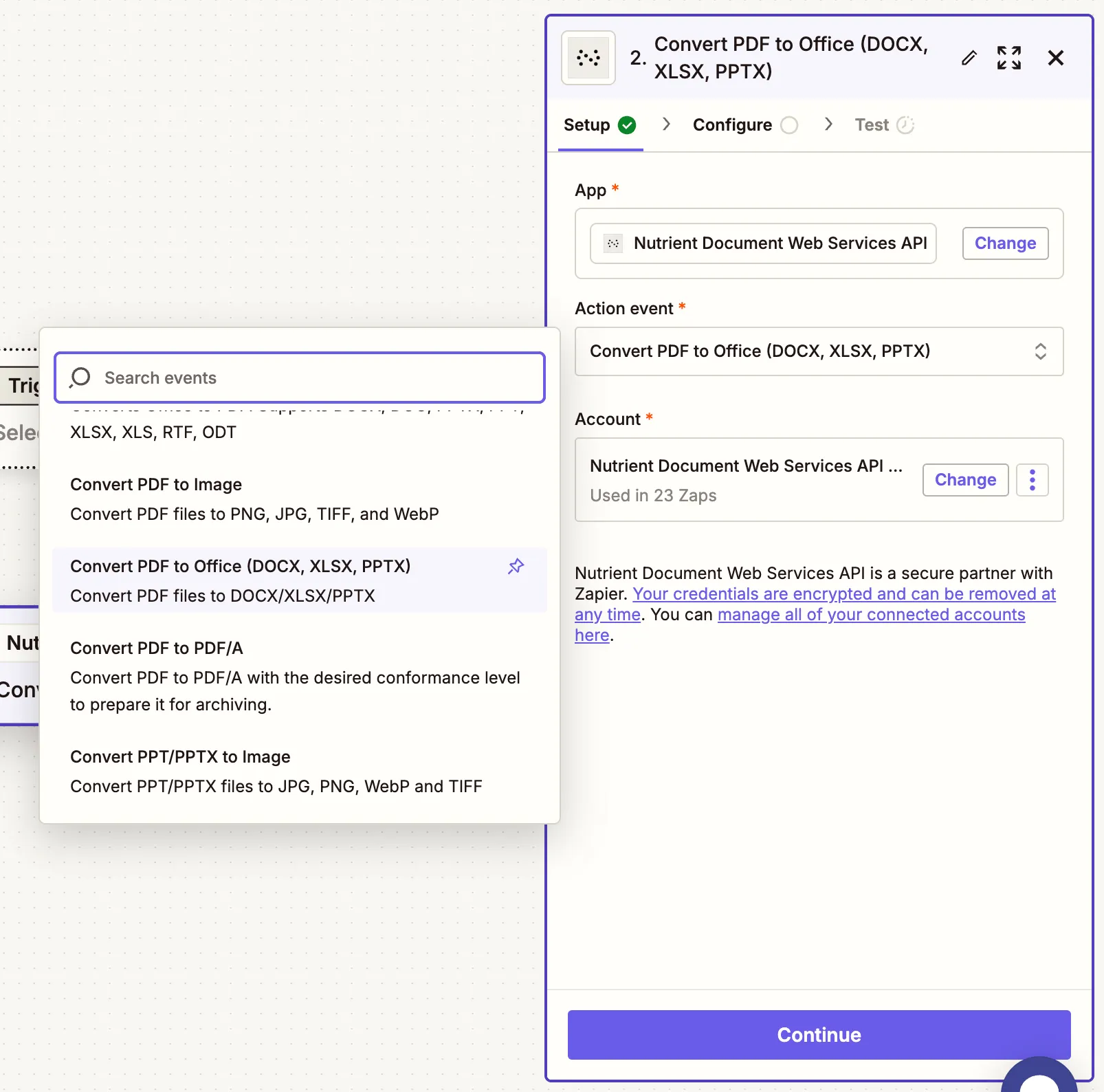 Choose 'Convert PDF to Office' as the action event