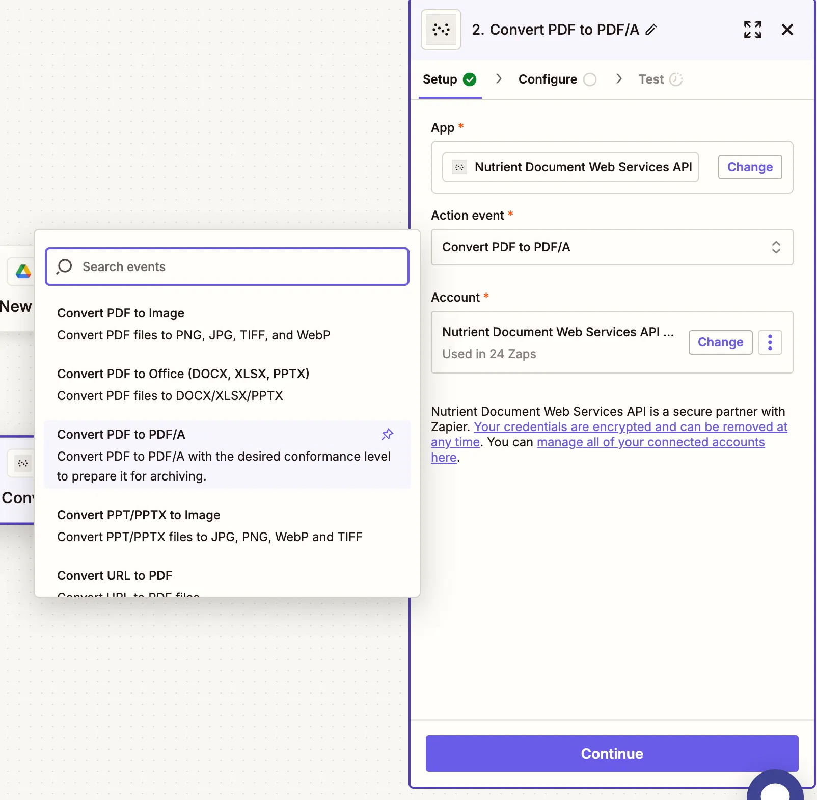 Action dropdown showing 'Convert PDF to PDF/A' selected