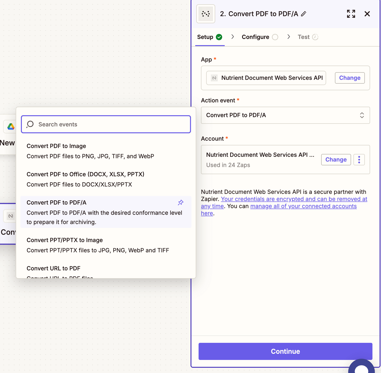 Action dropdown showing 'Convert PDF to PDF/A' selected