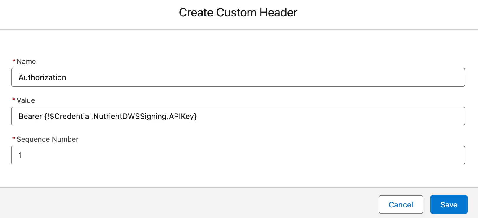 Create Custom Header dialog showing the Authorization header formula and sequence number