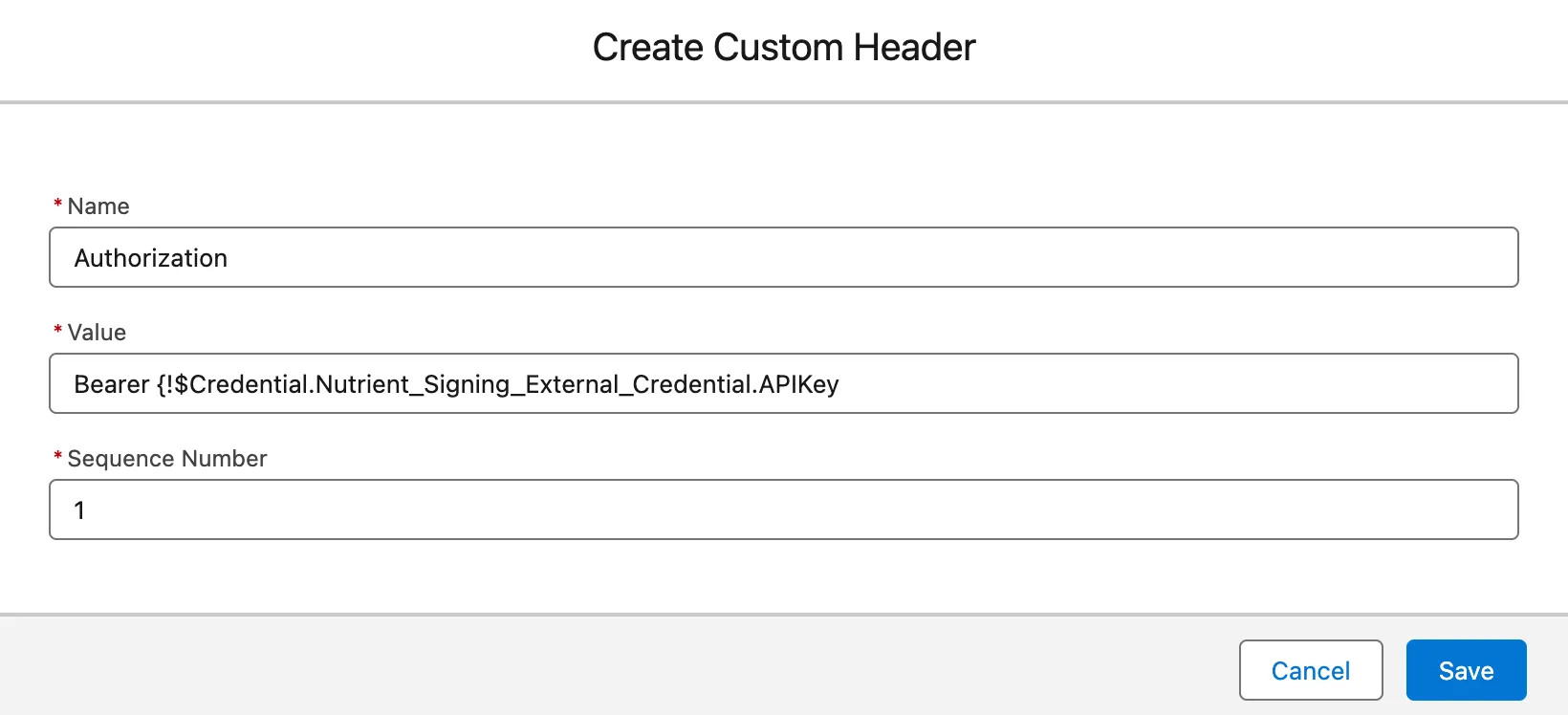 Create Custom Header dialog showing the Authorization header formula and sequence number