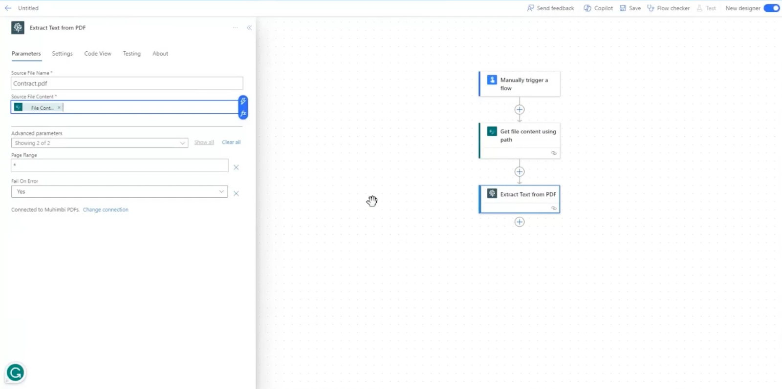 Choose the “Extract Text from PDF” action