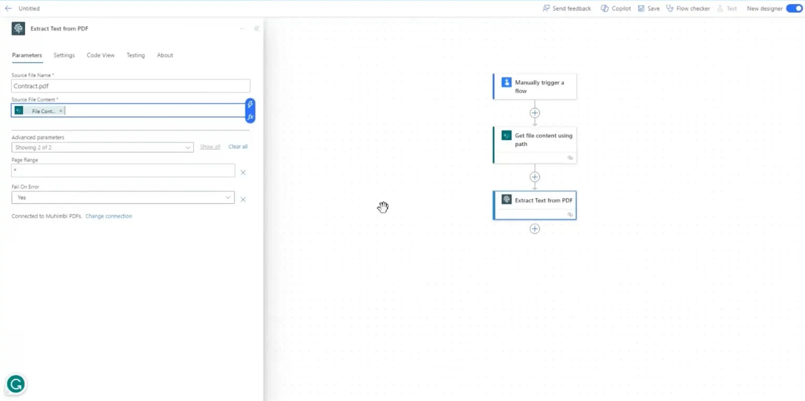 Choose the “Extract Text from PDF” action