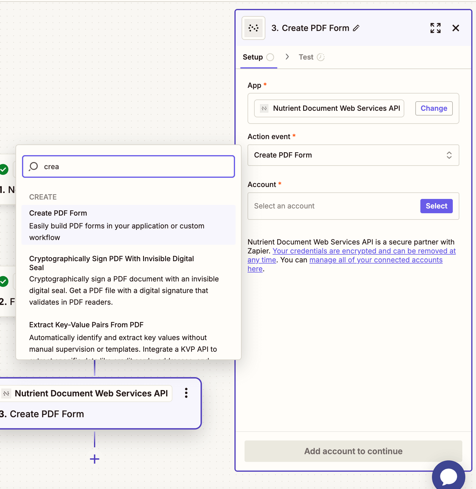 Action selected to create PDF forms