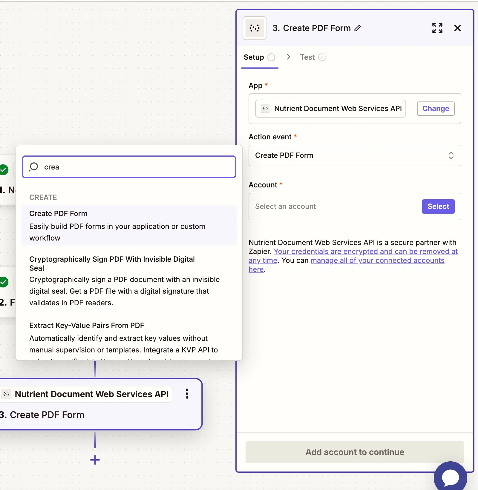 Action selected to create PDF forms