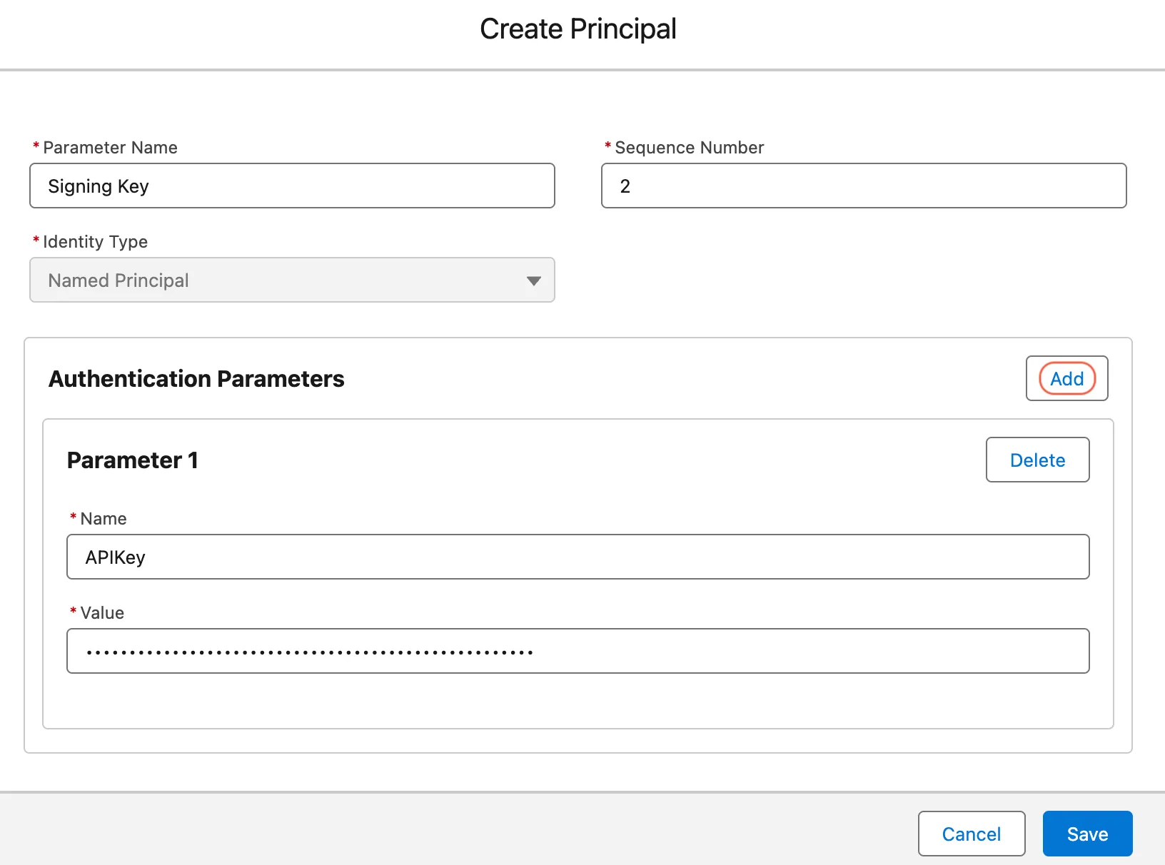 Create Principal dialog showing a named principal and APIKey authentication parameter